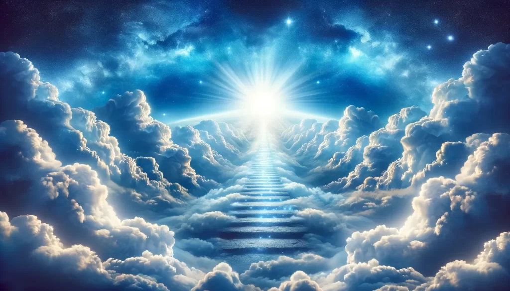 Camino místico ascendente hacia el cielo entre nubes, simbolizando la travesía espiritual de ser salvos por gracia, bajo un cielo azul radiante que evoca esperanza y trascendencia.