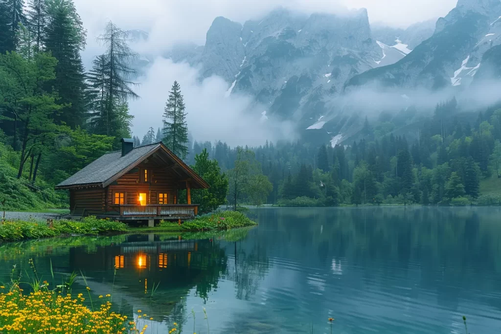 Tranquilo paisaje de montaña al amanecer, con un lago sereno reflejando los primeros rayos del sol. Nos invita a encontrar paz en Dios en la belleza natural.