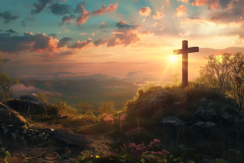 Aceptar a Cristo como Señor y Salvador. Una cruz en lo alto de la montaña simbolizando el sacrificio por toda la humanidad